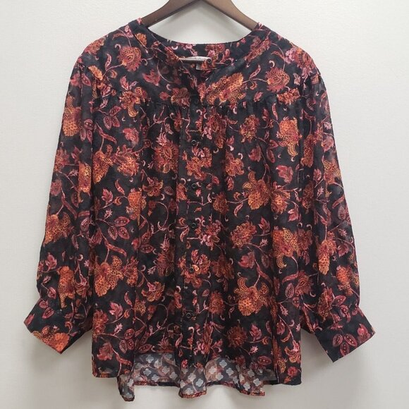 Opheila Roe Womens Dark Romantic Floral Sheer Top Size 3X Black Peasant Boho - Picture 1 of 9